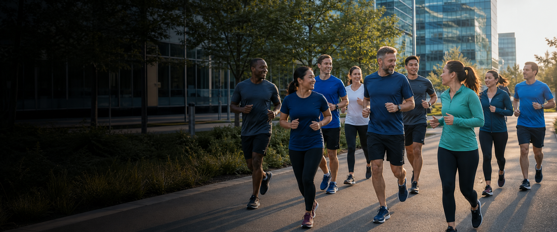 Employees training together in a corporate running program