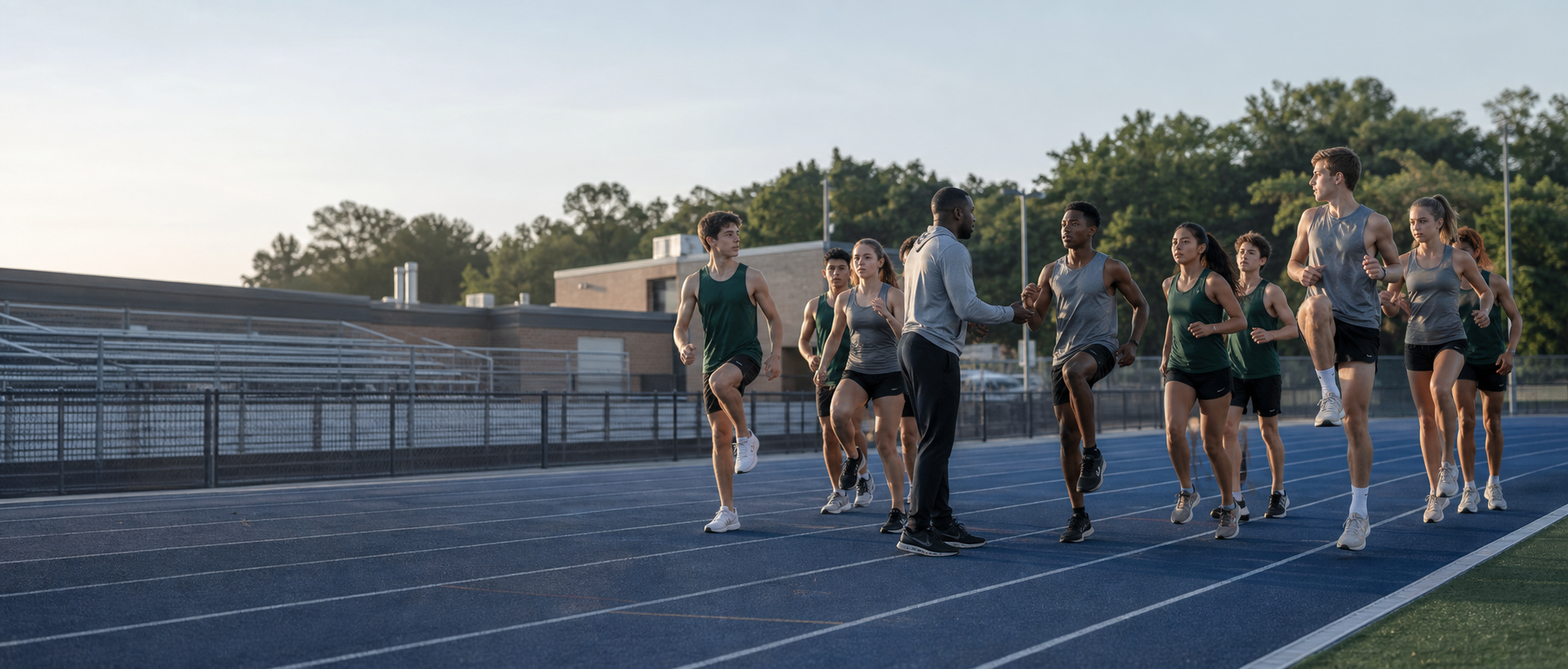 School running team training with a coach